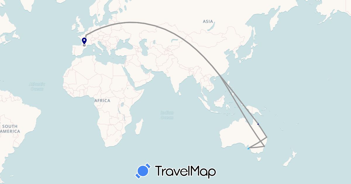 TravelMap itinerary: driving, plane, hiking, boat in Australia, France, Hong Kong (Asia, Europe, Oceania)